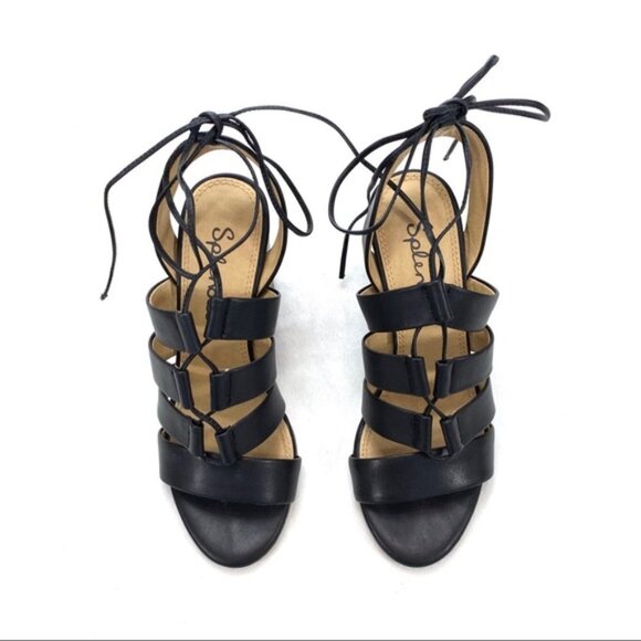 9,5 New Splendid Brayden Lace Up Sandals Block Heel Black Leather Gladiator - Picture 10 of 11